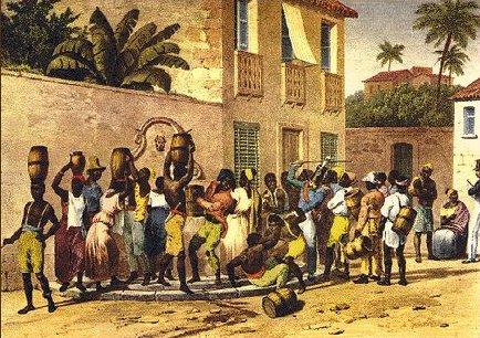Rugendas (1802-1858). Carregadores de Água. As brigas nos chafarizes eram constantes. Na pintura, escravos e um sentinela.